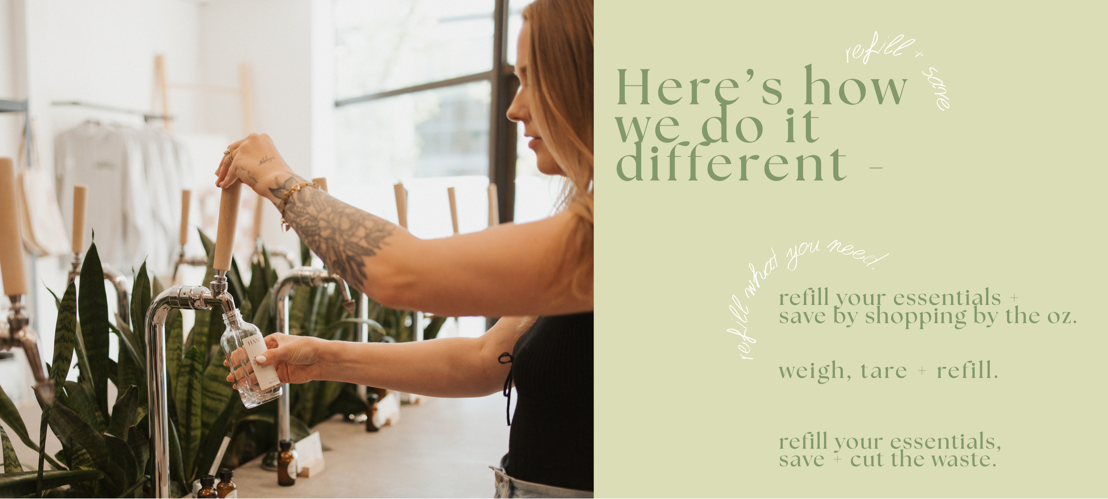Person refilling a bottle with a green background and text about sustainability.